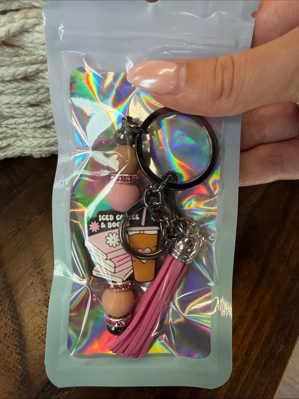 Pink Tassel Keychain with Coffee & Books Charms
